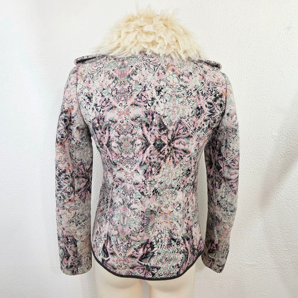 Anthropologie Elevenses paisley moto jacket pastel pink penny lane fur collar 2 - Picture 3 of 8